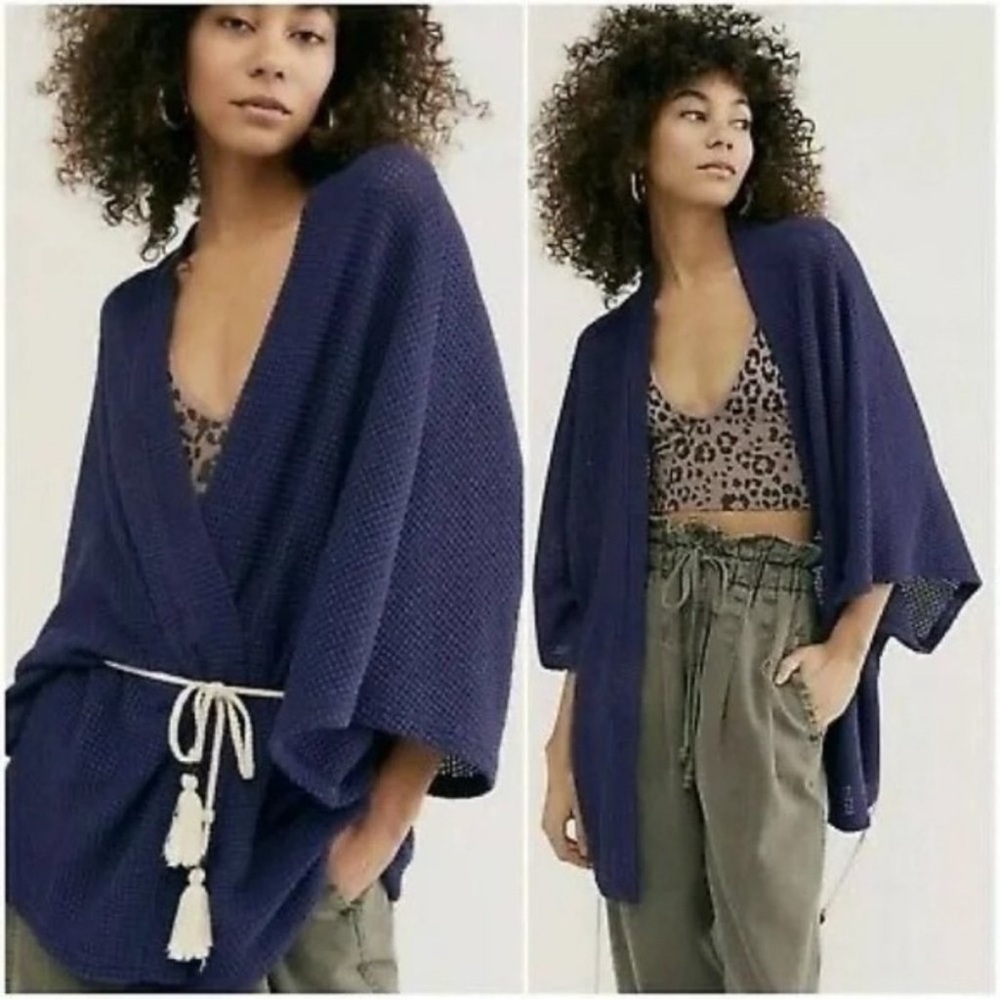 NWOT Free People Caravan waffle knit cardigan kimono OS blue belted oversized